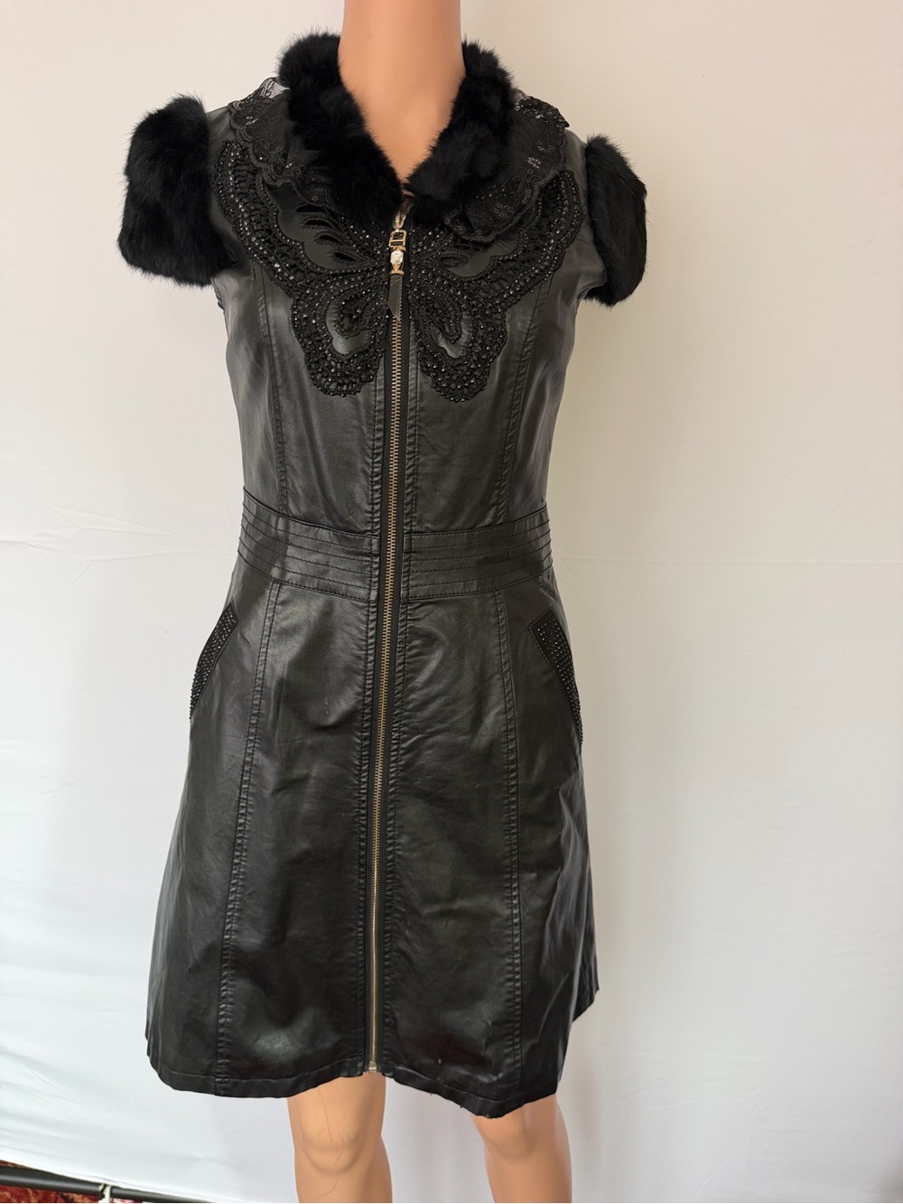 Black Faux Fur-Trim Leather Dress Coat - Women's